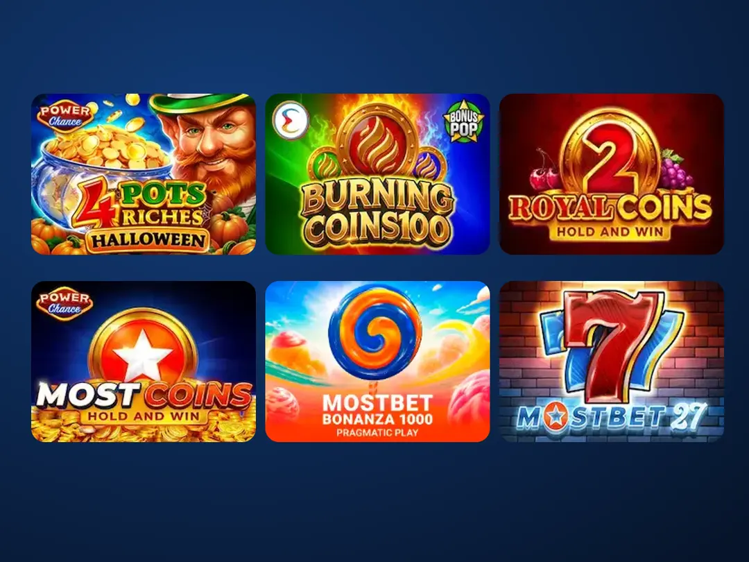 Portadas de tragamonedas del casino Mostbet: Most Coins, Burning Coins 100 y Mostbet 27