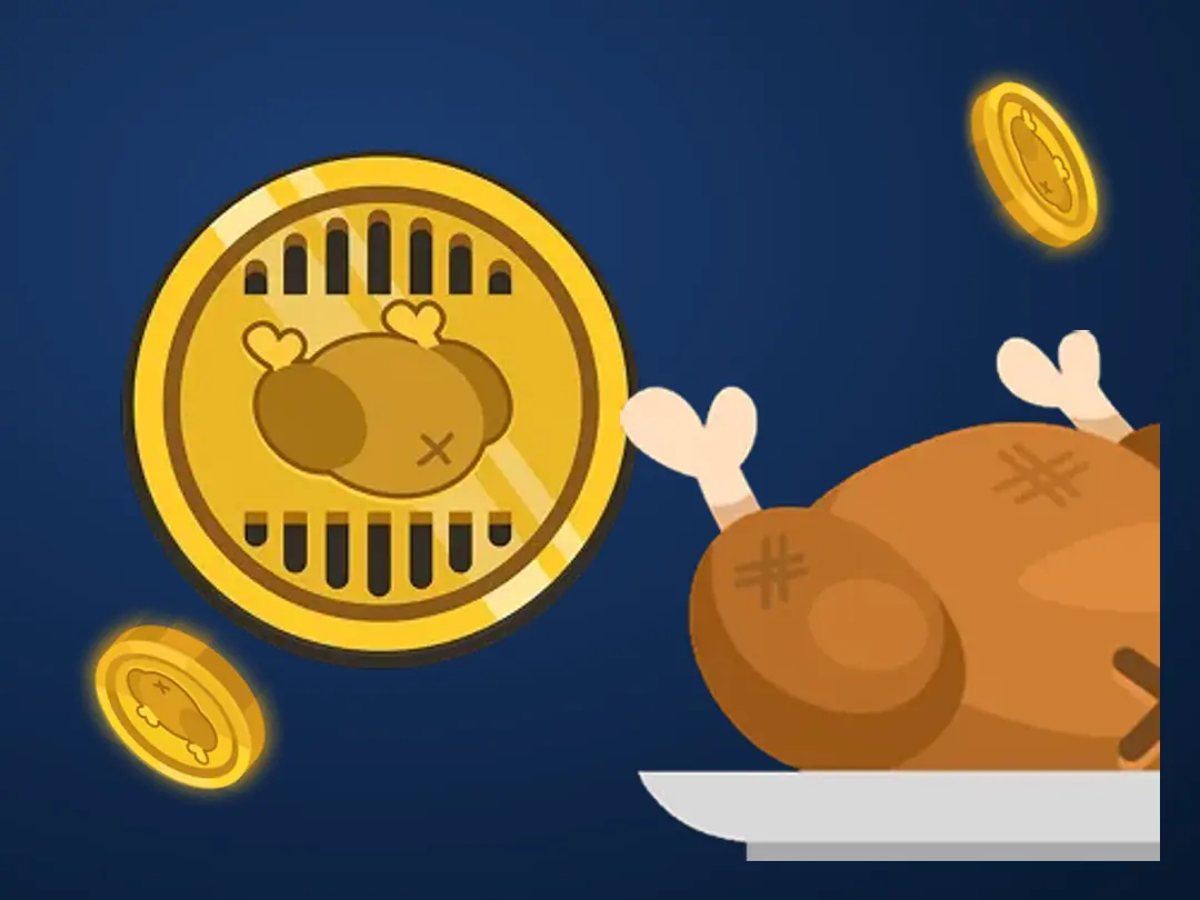Moneda de oro del juego Chicken Road de Mostbet junto a un pollo asado